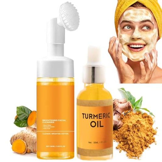 Turmeric Face Wash with Brush, Turmeric Foaming Face Cleanser & Face Serum, Deep Cleansing Exfoliating Moisturizing for Women, All Skin (2,Combo)