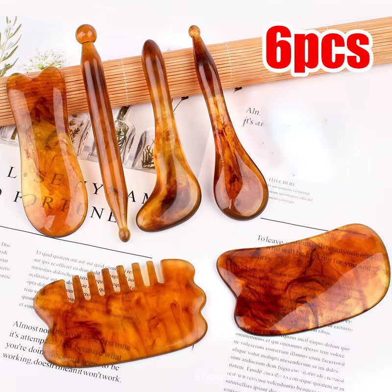 Resin Guasha Scraping SPA Massage Tool 6 in 1 Kit for Facial Neck Arms Body Legs Back Gua Sha Board Acupoint Face Eye Care