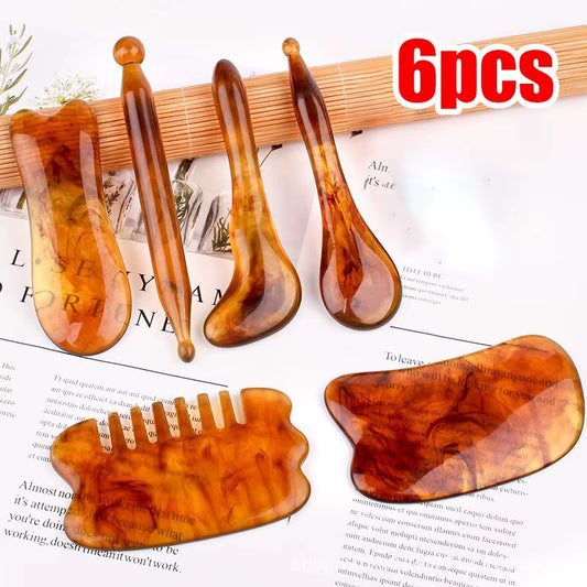 Resin Guasha Scraping SPA Massage Tool 6 in 1 Kit for Facial Neck Arms Body Legs Back Gua Sha Board Acupoint Face Eye Care