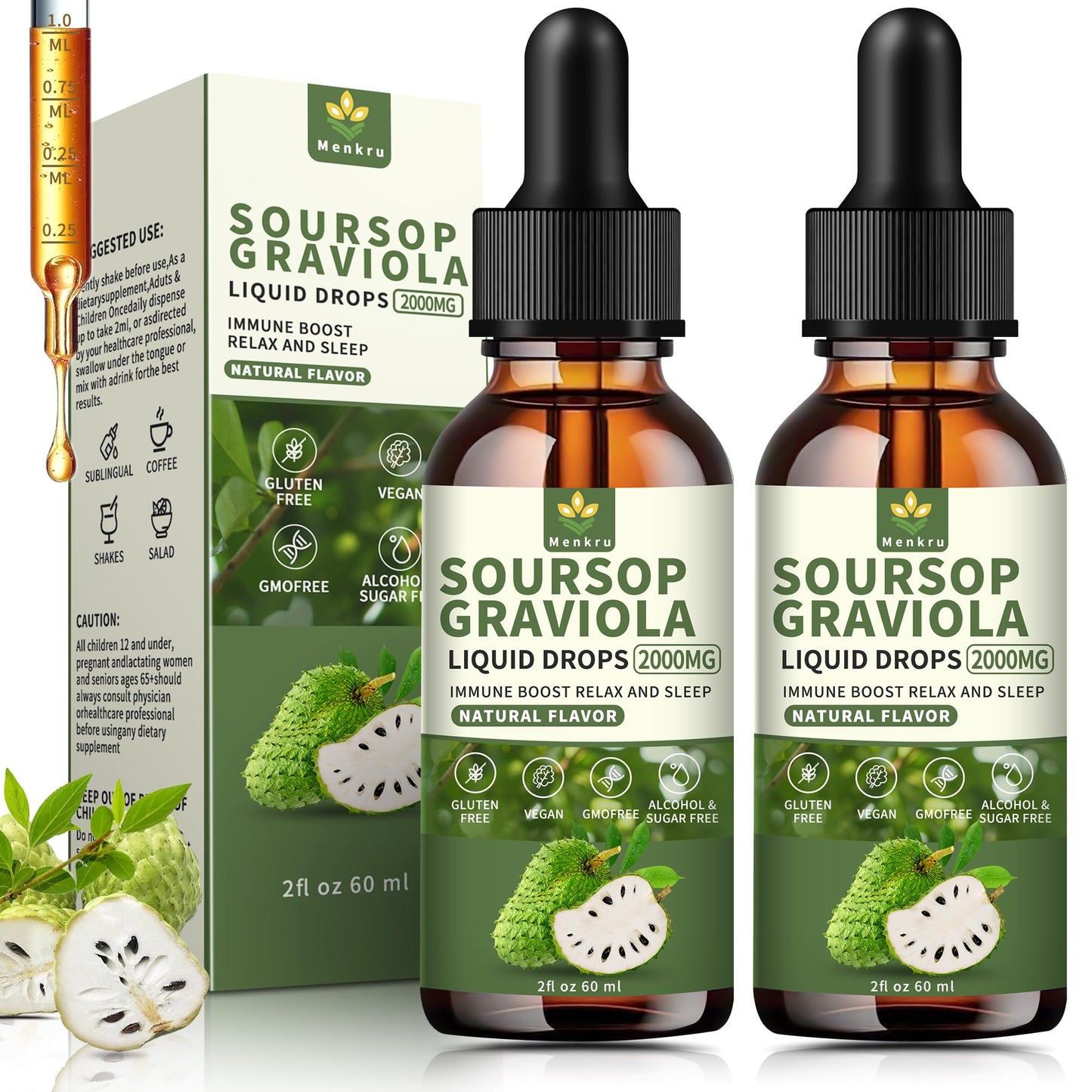 (2 Pack)Soursop Graviola Liquid Drops 2000mg，Immune Boost，Cell Support & Regeneration，Natural Antioxidant，Soursop Bitters Liquid，Soursop Extract - 98% Sugar/Gluten Free Natural Flavor 4 Fl Oz